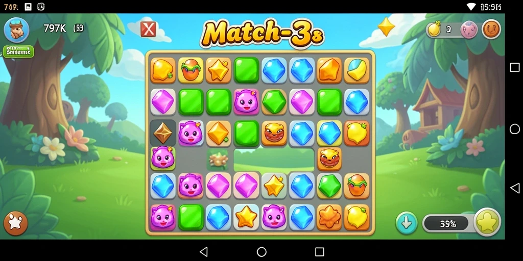 Tangkapan layar permainan 797K menunjukkan kombinasi permata yang penuh warna.