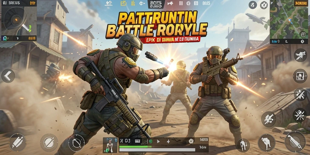 Screenshot gameplay <strong>8055</strong> menampilkan pertarungan sengit dalam mode Battle Royale.