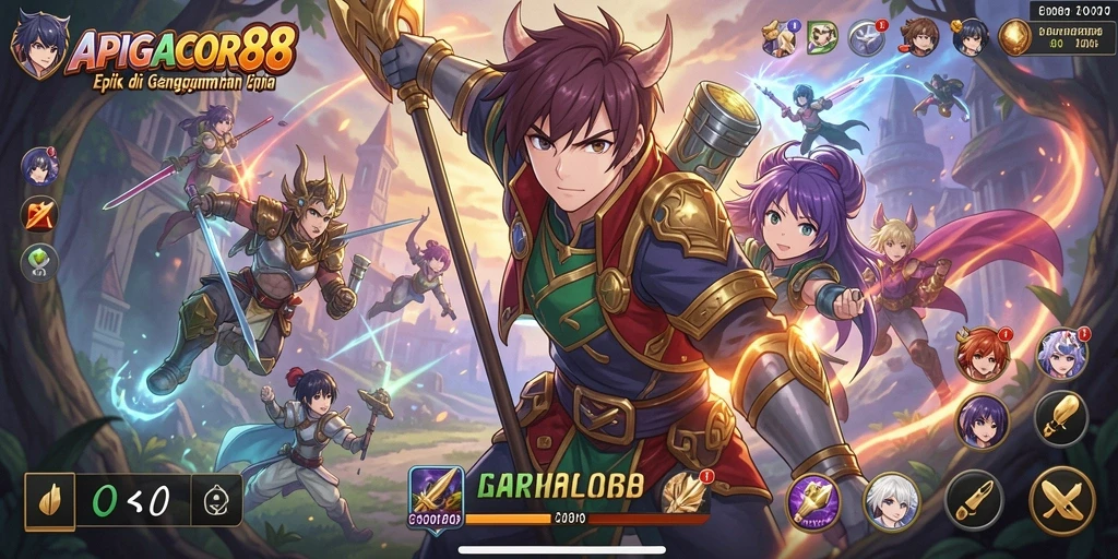 Screenshot utama <strong>APIGACOR88</strong> menampilkan aksi seru pertarungan karakter Anime.