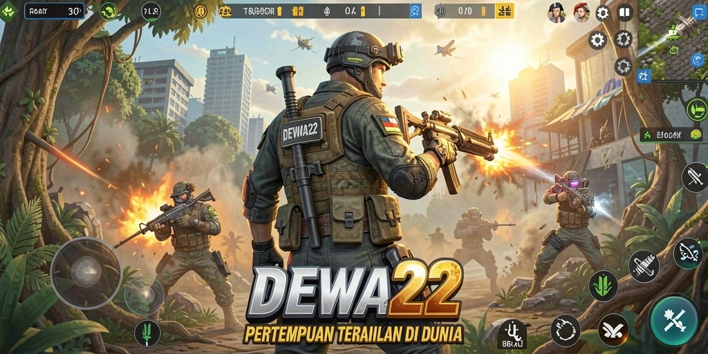 Tangkapan layar gameplay <strong>DEWA22</strong> yang penuh aksi di arena Battle Royale.