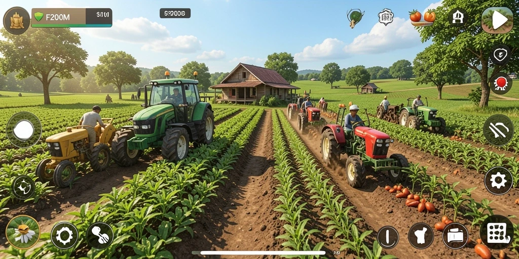 Screenshot gameplay F200M yang menunjukkan aktivitas bertani yang seru.