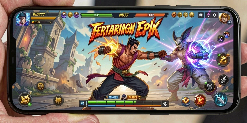 Screenshot menunjukkan karakter bertarung di arena dengan efek visual yang menakjubkan.