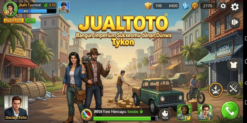 Screenshot gameplay <strong>JUALTOTO</strong> menampilkan aktivitas dalam membangun bisnis yang sukses.