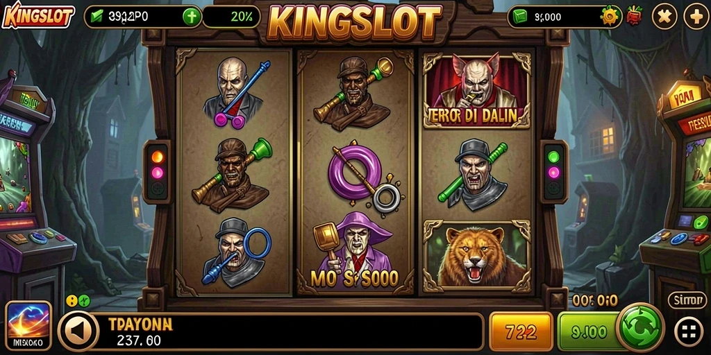 Tangkapan layar gameplay KINGSLOT yang menakutkan dan mendebarkan.