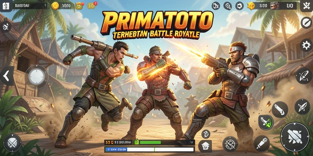 Screenshot PRIMATOTO menampilkan aksi seru di medan pertempuran Battle Royale.