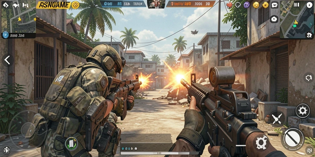 Screenshot utama RSNGAME menampilkan aksi tembak-menembak yang mendebarkan.