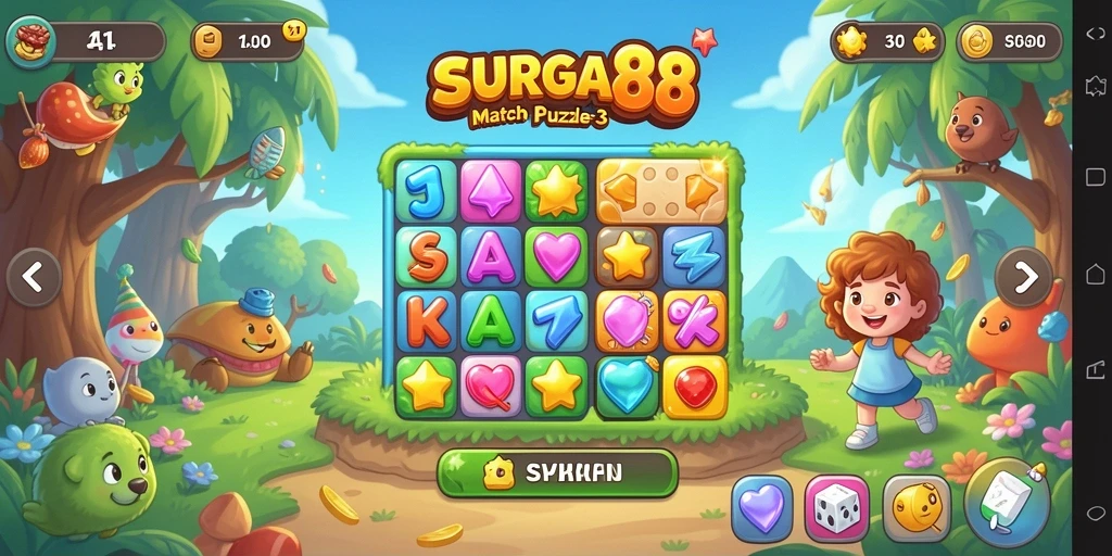 Tampilan menarik dan seru dari gameplay SURGA88 di dalam level Match-3.