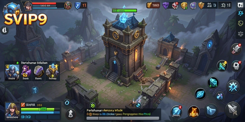 Screenshot gameplay SVIP9 yang menunjukkan pertempuran menara yang intens.