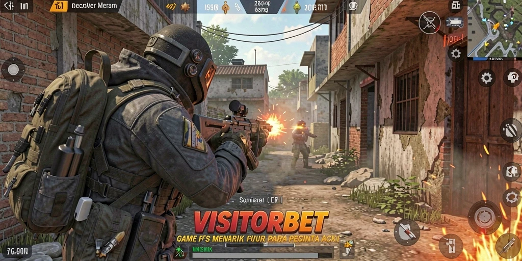 Screenshot gameplay VISITORBET menampilkan aksi mendebarkan dalam pertempuran FPS.